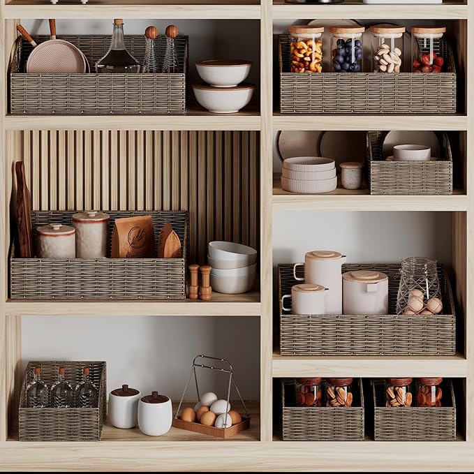 Rattan Storage Baskets, Handwoven Wicker Storage Bins with Built-in Handles, Storage Container Baskets for Shelves, Bedroom, Bathroom, Laundry Room or Kitchen(Brown)