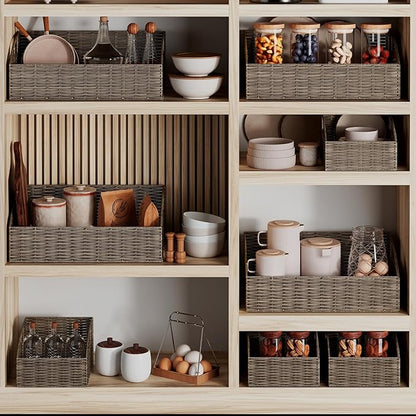 Rattan Storage Baskets, Handwoven Wicker Storage Bins with Built-in Handles, Storage Container Baskets for Shelves, Bedroom, Bathroom, Laundry Room or Kitchen(Brown)