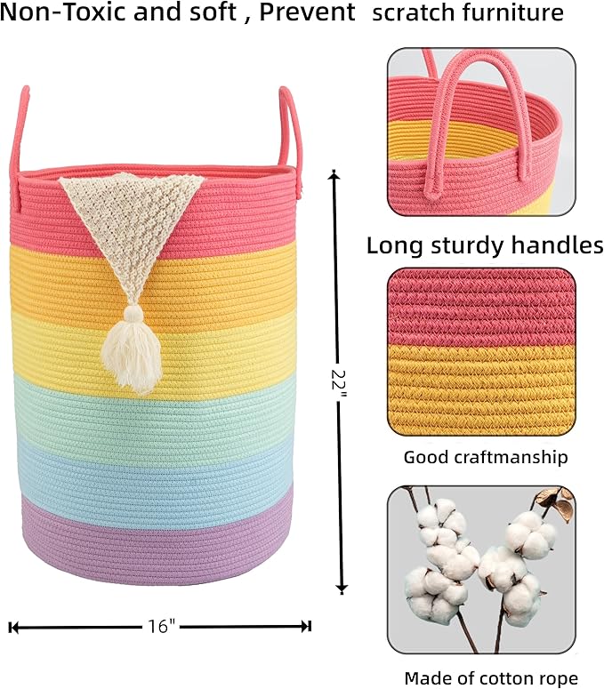 Woven Cotton Rope Laundry basket-16”X22” Laundry Hamper-Rope Storage Basket for Dirty Clothes, Toys and Blankets Perfect for Bathroom, Baby nursery and Living Room Storage (rainbow, Large)
