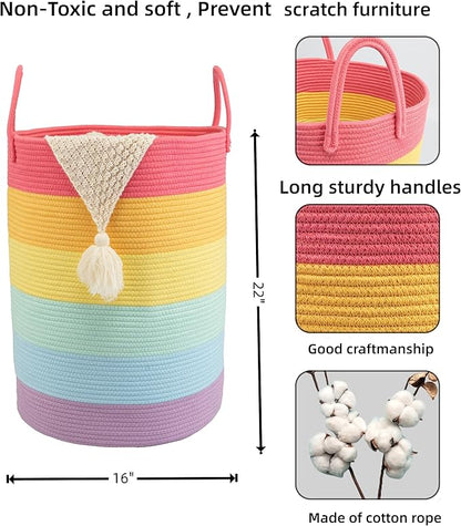 Woven Cotton Rope Laundry basket-16”X22” Laundry Hamper-Rope Storage Basket for Dirty Clothes, Toys and Blankets Perfect for Bathroom, Baby nursery and Living Room Storage (rainbow, Large)