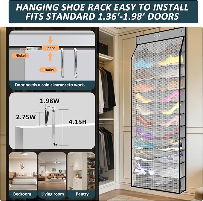 Kotkn 24-Pair Over Door Shoe Organizer for Family & Kids, Double Sided | Hanging Storage for Sneakers, Boots, Toys & Room Organization-Graphite Gray