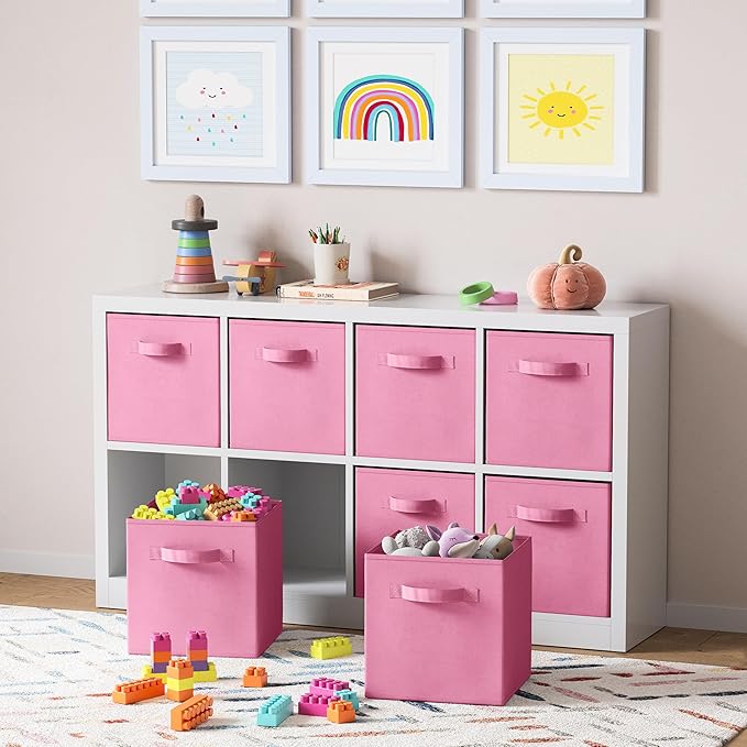 Storage Cubes - 11 Inch Cube Storage Bins (Set of 8). Fabric Cubby Organizer Baskets with Dual Handles | Foldable Closet Shelf Organization Boxes (Light Pink)