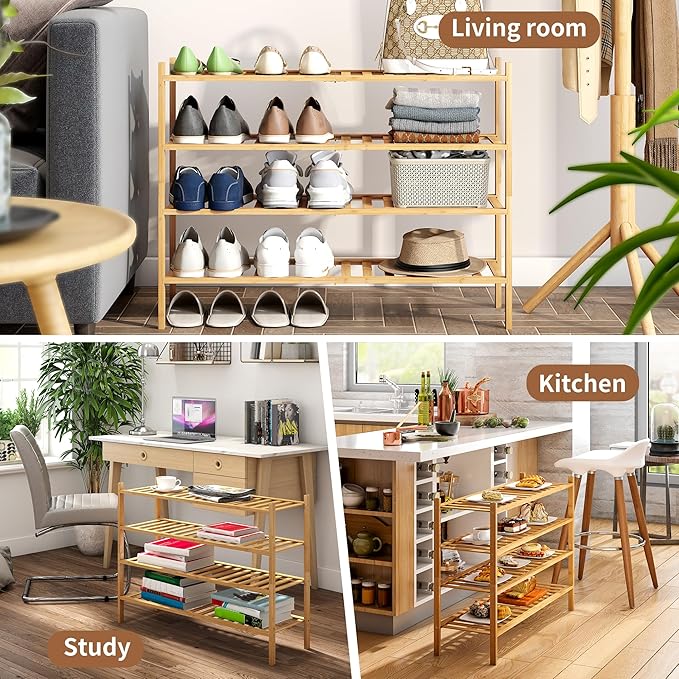 Bamboo Shoe Rack Stackable Shoe Shelf Storage Organizer for Unit Entryway Hallway and Closet Sturdy Freestanding Shoe Shelf (4L Tier Natural)