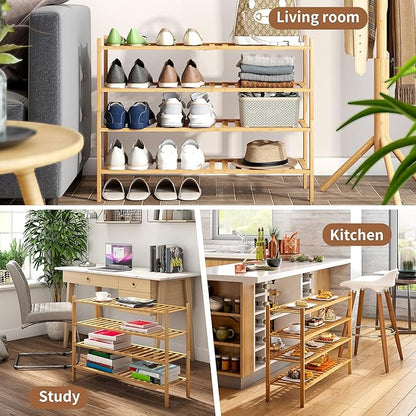 Bamboo Shoe Rack Stackable Shoe Shelf Storage Organizer for Unit Entryway Hallway and Closet Sturdy Freestanding Shoe Shelf (4L Tier Natural)