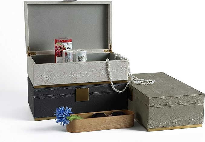 Ivory Shagreen Large Decorative Box PU Leather Rectangular Storage Box for Shel Closet Storage Dresser Jewelry Box Men's &Women's Accessories Organizer (ivory, 14x8.3 inch)