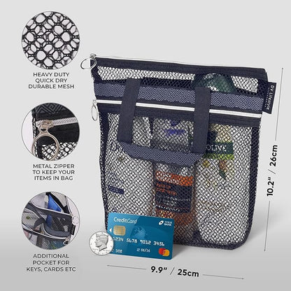 DV Lifestyle Mesh Shower Bag 10.2x9.9'' Quick-Dry Caddy with Zipper & 2 Pockets. Portable Toiletry Tote for Bathroom, Gym, Travel, Camp, Beach, for Sunscreen, Dorm & College Essentials (Black)