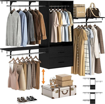 96 Hanging Closet System with 2 Wooden Drawers, 75"–87" Height Adjustable Closet Organizer System with Tower, 4-8FT Custom Closet Shelving System, Wall-Mounted Walk-In Closets Wardrobe, Black