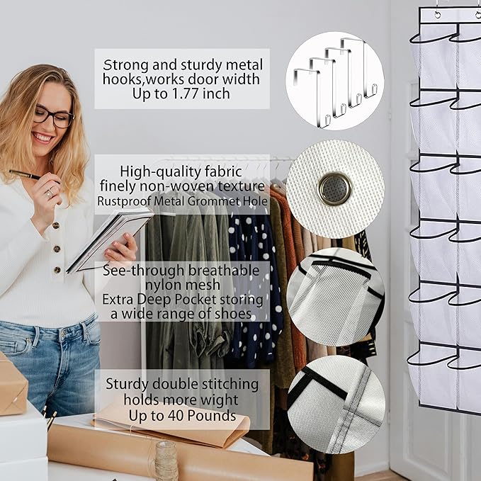 24 Pockets-Door Hanging Shoe Organizer,Underwear Organizer,Sunglasses Storage,Food Snacks Pouches Spice Packets Storage,Shoe Rack,High heel Shoe Organizer with Deep Pockets,Bedroom,Bathroom,Pantry
