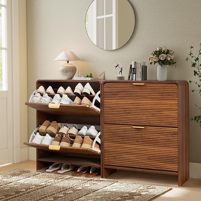 RARZOE Set of 2 Fluted Shoe Storage Cabinets for Entryway, Narrow Curved Shoe Cabinet with 2 Flip Drawers, Wood Hidden Shoe Organizer Closed Shoe Rack Cabinet for Foyer,Hallway (29.5''Walnut)