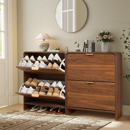 RARZOE Set of 2 Fluted Shoe Storage Cabinets for Entryway, Narrow Curved Shoe Cabinet with 2 Flip Drawers, Wood Hidden Shoe Organizer Closed Shoe Rack Cabinet for Foyer,Hallway (29.5''Walnut)