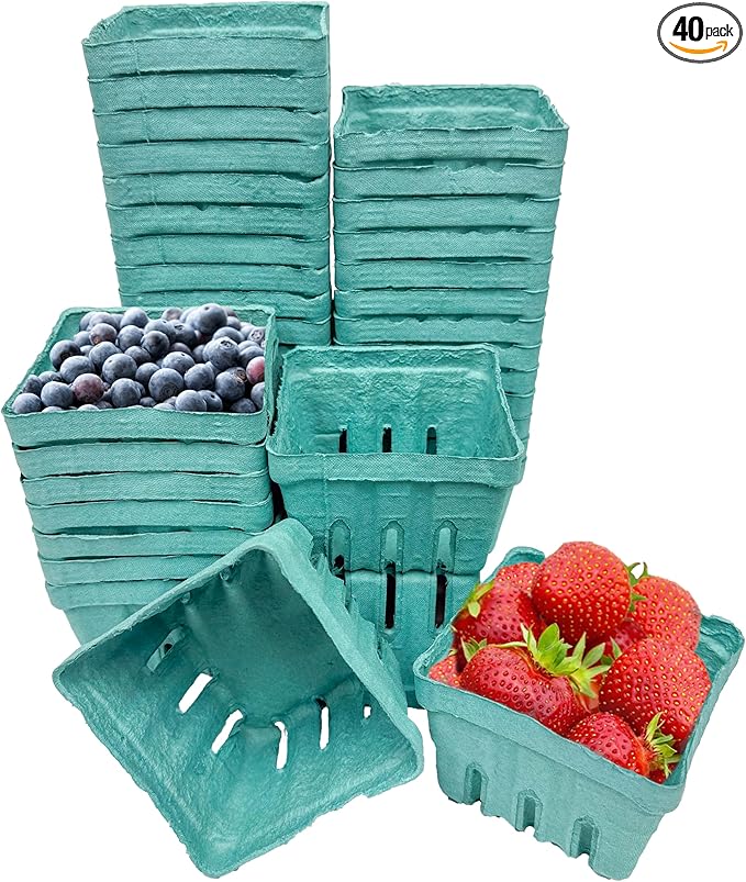 40 Pack Green Berry Basket 1 Pint, Pulp Fiber Vented Produce Containers Farmers Market Basket, Fruit & Vegetable Containers