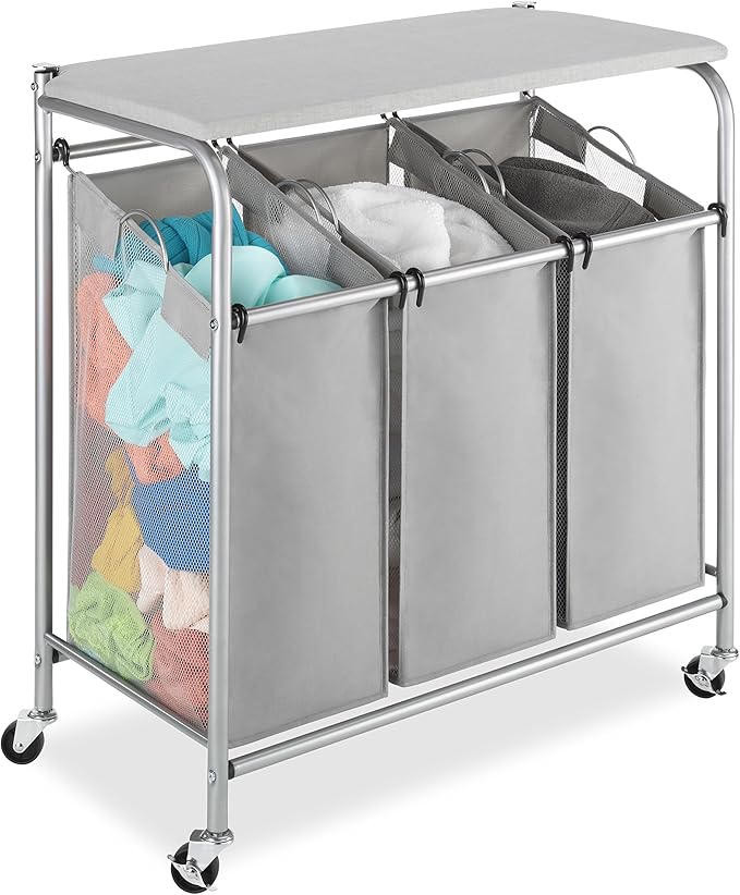 Whitmor 3 Section Rolling Laundry Sorter with Folding Station - Ironing Board, Chrome / Gray