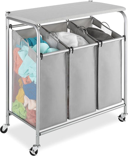 Whitmor 3 Section Rolling Laundry Sorter with Folding Station - Ironing Board, Chrome / Gray