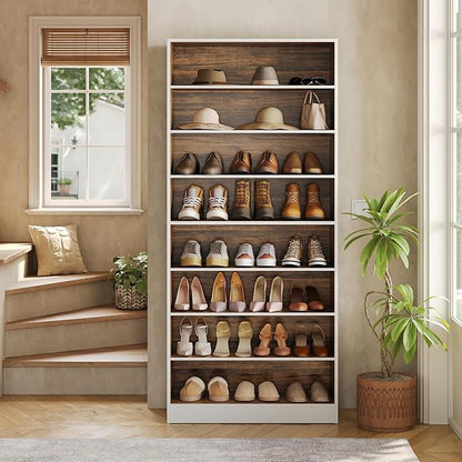 LITTLE TREE 9-Tier Shoe Cabinet, 32 Pairs Wooden Shoes Cabinet with Adjustable Shelves, 70.9" Tall Shoe Cabinet, Freestanding Modern Shoe Rack Organizer For Living Room Bedroom Entryway, Brown & White