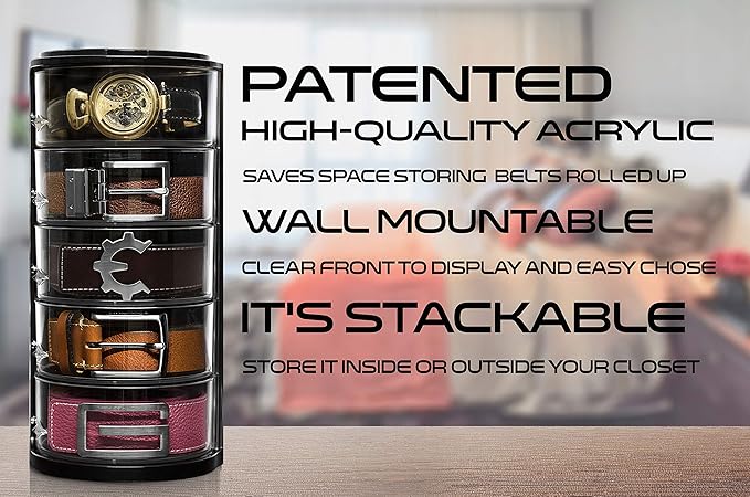 ELYPRO - Acrylic Belt Organizer, Rotating Drawer Storage for Belts, Jewelry, Makeup & Accessories – Transparent, Stackable, Wall-Mountable Design for Closet, Dresser, Vanity – Design Patent Protected