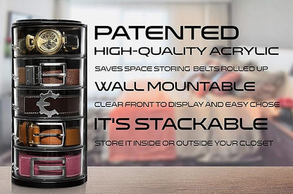 ELYPRO - Acrylic Belt Organizer, Rotating Drawer Storage for Belts, Jewelry, Makeup & Accessories – Transparent, Stackable, Wall-Mountable Design for Closet, Dresser, Vanity – Design Patent Protected