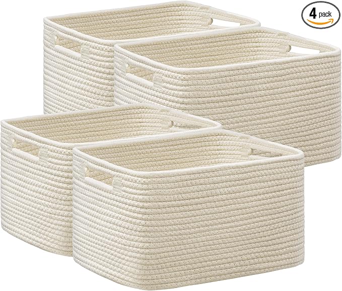 UBBCARE 4 Pack Storage Baskets for Shelves, Baskets for Organizing, Cube Shelf Storage Bin with Handles, Woven Storage Basket, 13"L x 9"W x 7.5"H, Beige