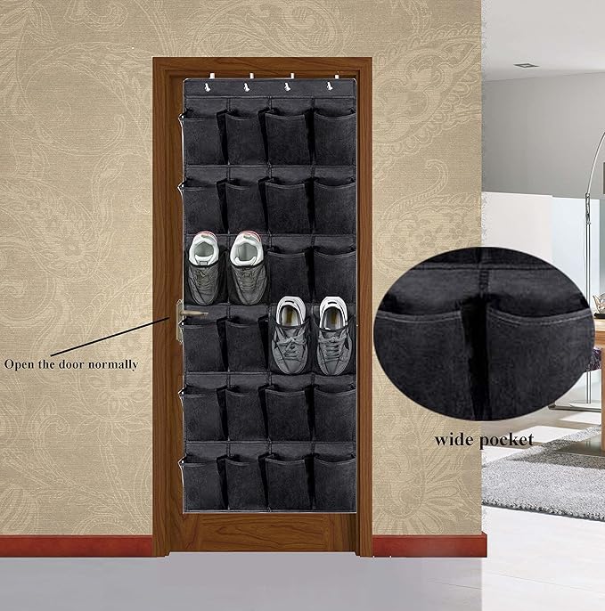 Over The Door Hanging Shoe Organzier, Large Capacity Mesh Shoe Rack, 24 Pockets Hanging Shoe Rack Holder Organizer Shoe Storage Closet for Men Sneakers,Bedroom Bathroom Pantry (Black)