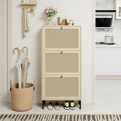 ZeHuoGe Rattan Shoe Cabinet with 3 Flip Drawers, Narrow Hidden Shoe Rack Storage Cabinet for Heels, Slippers, Entrance Hallway Entryway (Natural)
