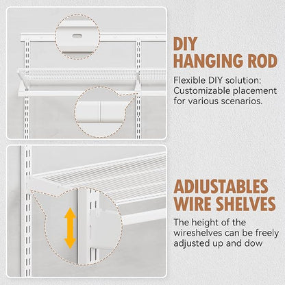 Closet System Wall Mounted 4-10.5 Ft, Heavy Duty Adjustable Wire Shelving with Hanging Rod, Custom Organizer Kit for Bedroom Laundry Mudroom, White