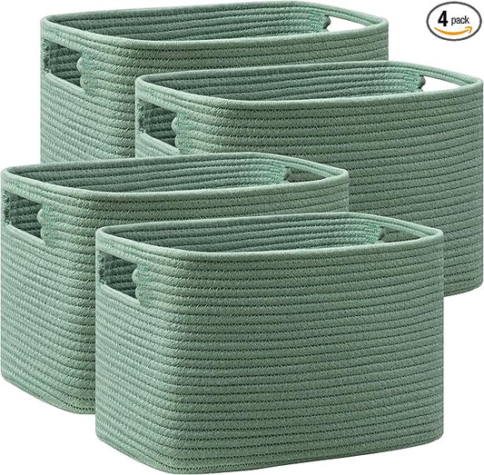 UBBCARE 4 Pack Storage Baskets for Organizing, Shelf Baskets with Handles, Woven Storage Baskets for Bookcase/Cube Shelf/Closet, 14.5"L x 9.8"W x 9"H, Green