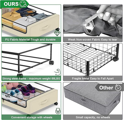 Beborxue Under Bed Storage with Wheels, 4-Pack Under Bed Storage Containers with Clear Lids, XXL 60L Under Bed Shoe Storage Organizer, Rolling Underbed Storage for Clothes, Shoes, Blankets (Beige)