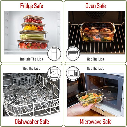 Glass Container Set with Acacia Lids - 4 Stackable Meal Prep Containers. Durable heat resistant Inert Borosilicate Glass