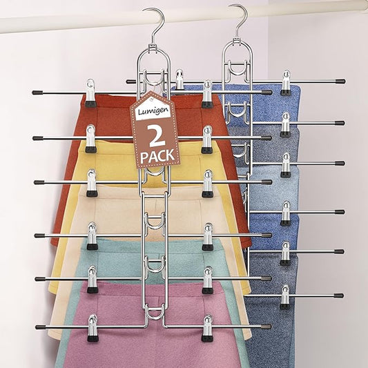 Pants & Skirt Hangers with Clips, Newly Upgraded Detachable - Space Saving Hangers, 6-Tiers Foldable Skirt Hangers for Women - Hanging Closet Organizer and Storage-2pack, Patent Pending