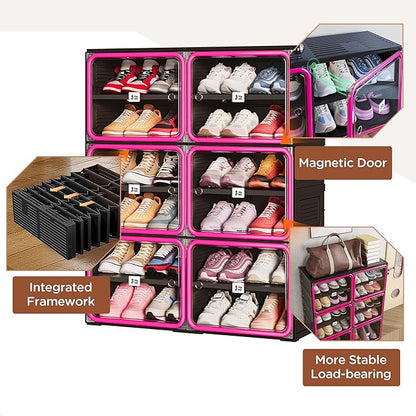 Vipbox No Assembly 6 Tier Collapsible Shoe Rack, 24 Pairs Foldable Shoe Storage Cabinet with Doors, Large Shoe Organizer for Closet, Black & Rose Red