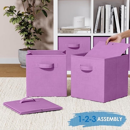 Storage Cubes Pack Of 8 - Standard Size Cube Storage Bin 10.5x10.5x11 With Dual Handles For Easy Carrying- Fabric Storage Bins Collapsible (Purple)