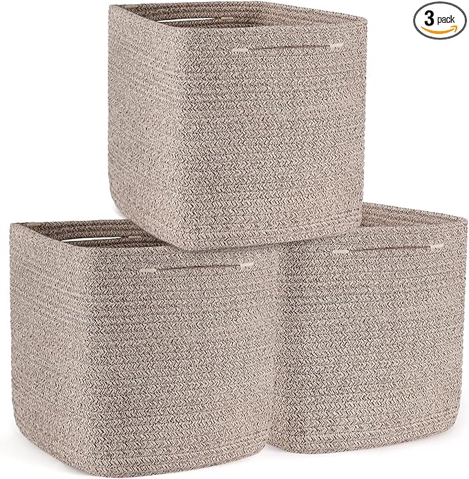 Cube Storage Bins 11 Inch Shelf Cotton Rope Baskets for Organizing, Woven Storage Basket - For Magazines, Living Room, Closet, Brown 3 Pack
