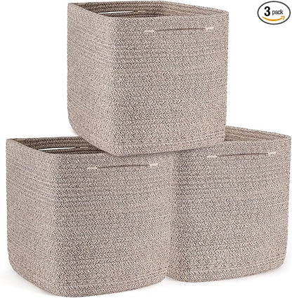 Cube Storage Bins 11 Inch Shelf Cotton Rope Baskets for Organizing, Woven Storage Basket - For Magazines, Living Room, Closet, Brown 3 Pack