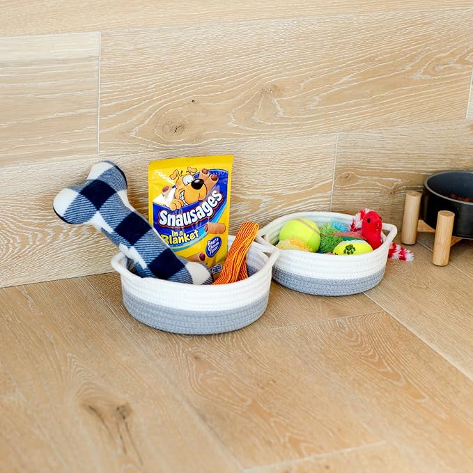 NaturalCozy 5-Piece Round Small Woven Baskets Set– Cotton Rope Baskets for Organizing! Montessori Toys, Fruits Remotes Key Tray Bowl for Entryway Desk, Shallow Catchall Home Décor, Cat Dog Bin Gift