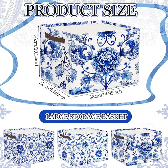 Geelin 3 Pack Blue and White Chinoiserie Storage Baskets, Large Foldable Decorative Storage Bins with Handles, Blue Floral Canvas Organizer Boxes for Closet Shelf Nursery Bedroom Home Organization