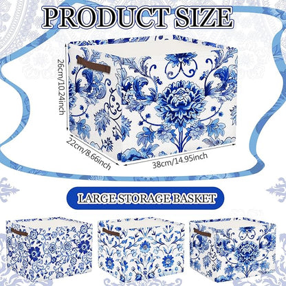 Geelin 3 Pack Blue and White Chinoiserie Storage Baskets, Large Foldable Decorative Storage Bins with Handles, Blue Floral Canvas Organizer Boxes for Closet Shelf Nursery Bedroom Home Organization