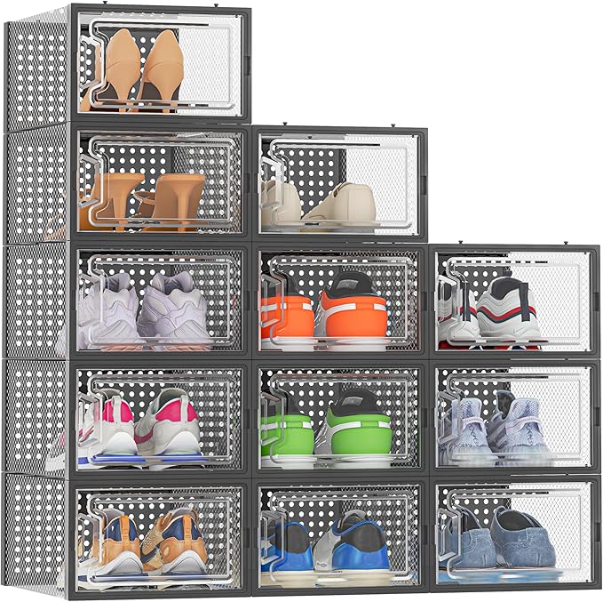 HOMIDEC Shoe Storage, 12 Pack Shoe Organizer for Closet, Shoe Boxes Clear Plastic Stackable Shoe Containers with Lids for Size 10