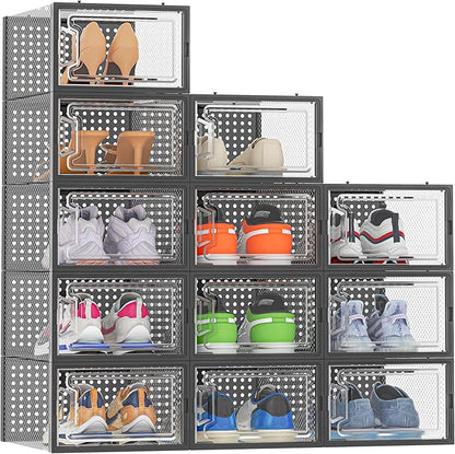 HOMIDEC Shoe Storage, 12 Pack Shoe Organizer for Closet, Shoe Boxes Clear Plastic Stackable Shoe Containers with Lids for Size 10