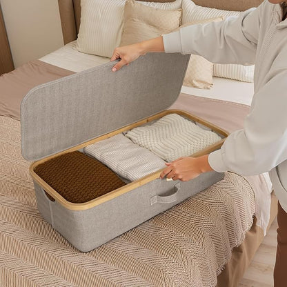 StorageWorks Underbed Storage Containers with Lids, 2-Pack 7" Low Profile Under Bed Storage Box with Bamboo Frame for Clothes, Bedding, Blankets and Shoes, 42L Sturdy Fabric Organizer, Taupe