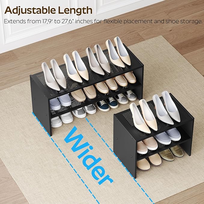 YATINEY Expandable Shoe Rack, 2-Tier Adjustable Entryway Shoe Organizer, Stackable Closet Shoe Rack for Small Space, Compact Shoe Shelf Storage for Garage Holds Up to 12 Pairs, Black SS03BB