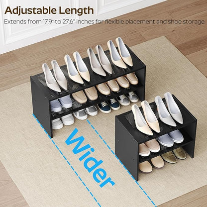YATINEY Expandable Shoe Rack, 2-Tier Adjustable Entryway Shoe Organizer, Stackable Closet Shoe Rack for Small Space, Compact Shoe Shelf Storage for Garage Holds Up to 12 Pairs, Black SS03BB