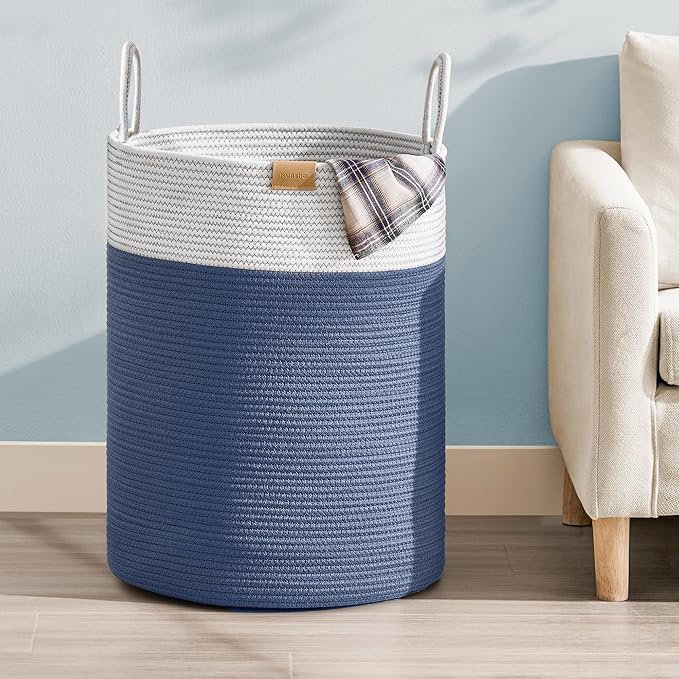 Nunsino Laundry Hamper 95L,Large Laundry Basket for Clothes,Decorative Storage Basket for Blankets,Cotton Rope Woven basket for bedroom,Navy Blue