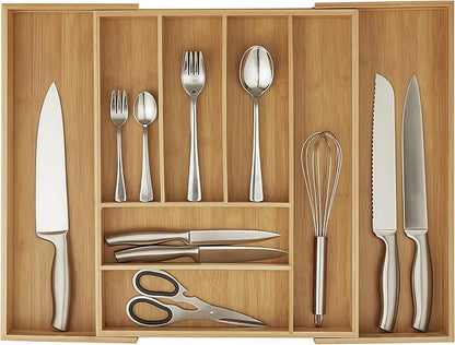 Bamboo Drawer Organizer - Expandable Kitchen Utensil Holder, Adjustable Silverware Drawer Organization, Kitchen Wooden Tray for Cutlery, Flatware & Stationery, 6-8 Slots (Natural)
