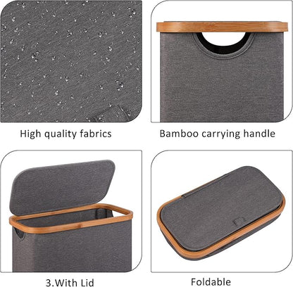 Slim Laundry Basket,60L Laundry Hamper with Lid, Tall Hamper for Laundry,Dirty Cloth Hamper with Bamboo Handle for Towels, Clothes Organizing,Grey