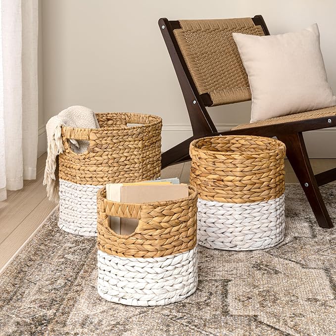 happimess BSK2011E-3SET Avery Bohemian Cottage Handwoven Hyacinth Cylinder Nesting Baskets with Handles, Natural/White (Set of 3)