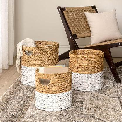 happimess BSK2011E-3SET Avery Bohemian Cottage Handwoven Hyacinth Cylinder Nesting Baskets with Handles, Natural/White (Set of 3)