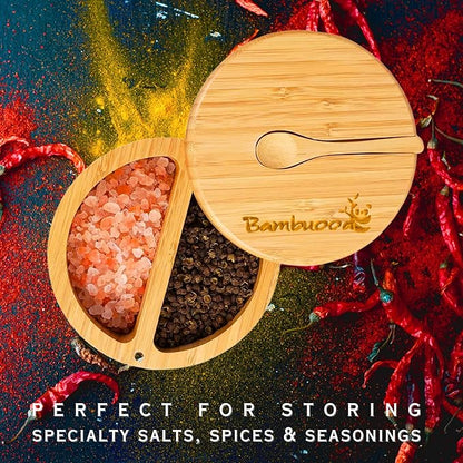 Premium Bamboo Salt Cellar with 2 Compartment Swivel Magnetic Lid - 100% Handmade, Elegant Salt & Spices Storage Box and Multi-Use Container with Mini Spoon.