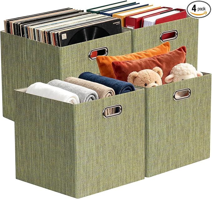 Posprica Foldable Storage Bins,13×13×13 Storage Cubes Basket Containers for Shelf Cabinet Bookcase Boxes,Thick - Set of 4, Yellow/Brown Mixed