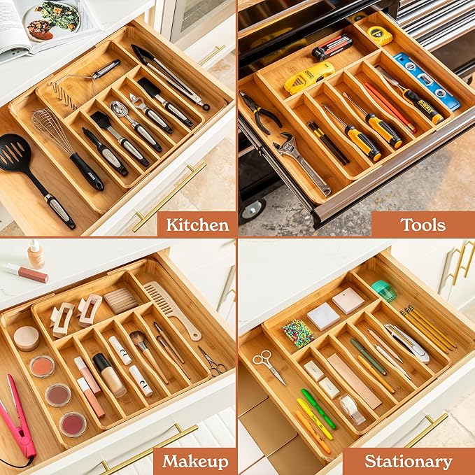 SMIRLY Silverware Drawer Organizer – Bamboo Kitchen Drawer Organizer, Adjustable Utensil Holder and Cutlery Tray, Drawer Dividers for Flatware and Kitchen Utensils | Adjustable