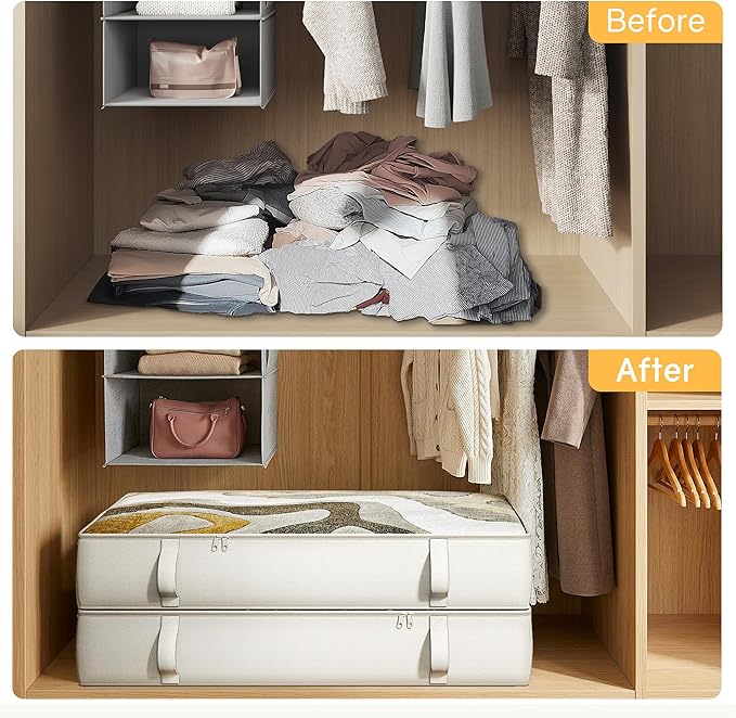 TidyCorner 2-Pack Under Bed Storage Containers, 8 Inches Tall Underbed Clothes Storage Organizer Bin with Sturdy Sidewalls/Bottom, Under the Bed Storage Bags 2 Storage Bins, Beige