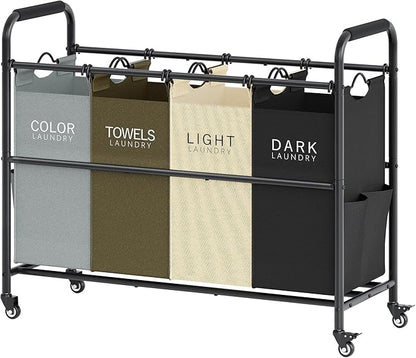 Tajsoon 4 Bag Laundry Sorter Cart, 4 Section Laundry Hamper Sorter with Heavy Duty Lockable Rolling Wheels, Laundry Separator Hamper with Removable Bags for Dirty Clothes Storage, 4 Colors